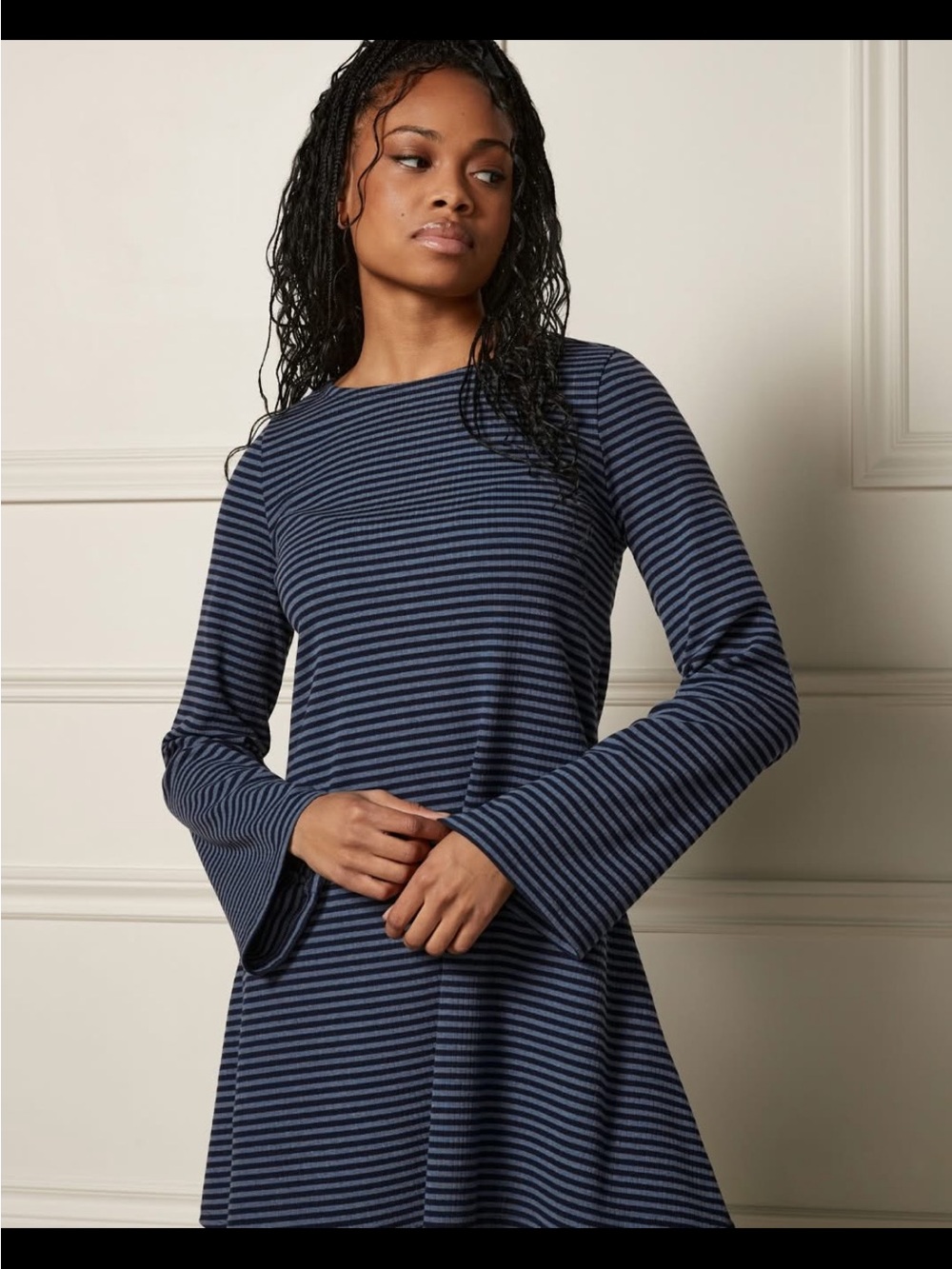 Striped Navy Blue Long-Sleeve Swing Dress